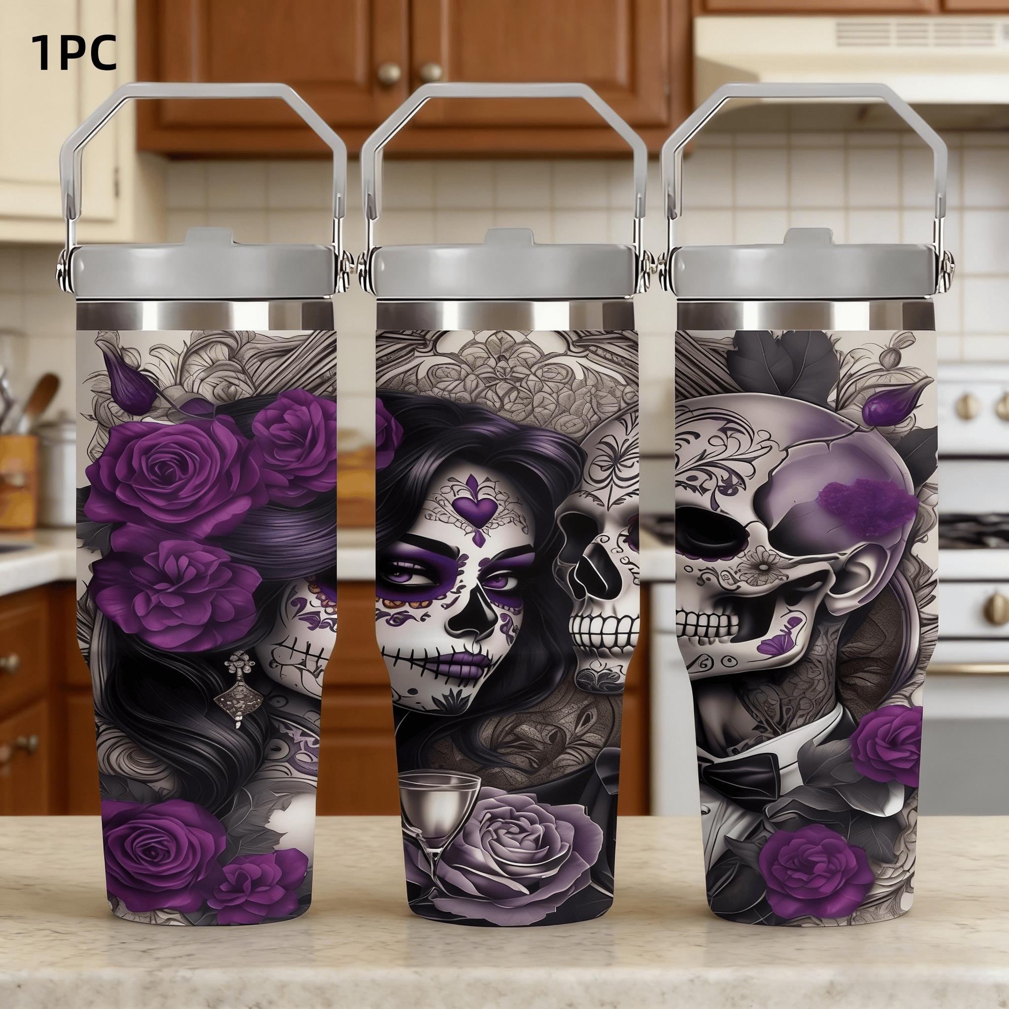 1pc 30oz Stainless Steel Insulated Mug - Gothic Style! Dark Skull and Rose Design - A Must-Have for Hot Girls! Comes with a handle and straw. Suitable for outdoor, sports, and indoor use. Birthday/Holiday Gift - Large Capacity Water Bottle
