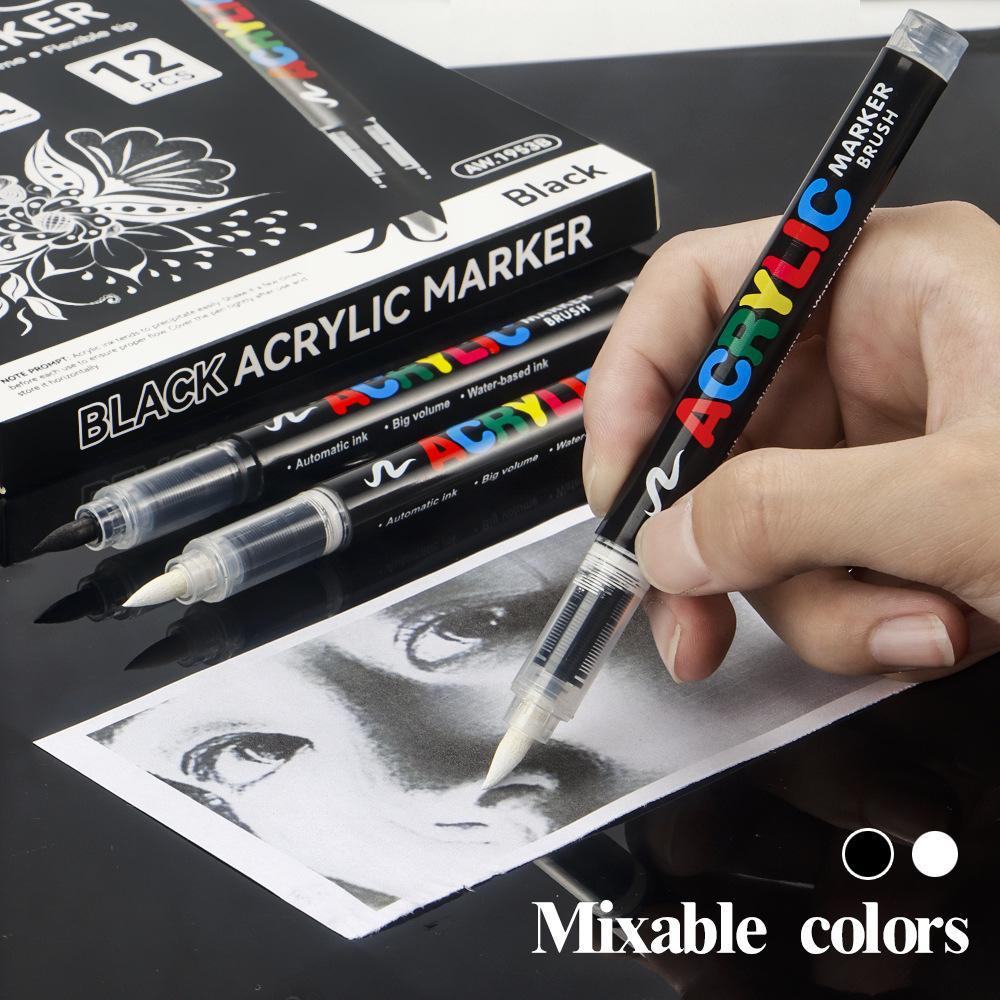 Acrylic Paint Pens with Automatic Ink Control, Soft Brush Tip Markers for Canvas, Rock, Wood, Stone, Glass, Ceramic, Fabric Painting, DIY Crafts, Art Marker Set