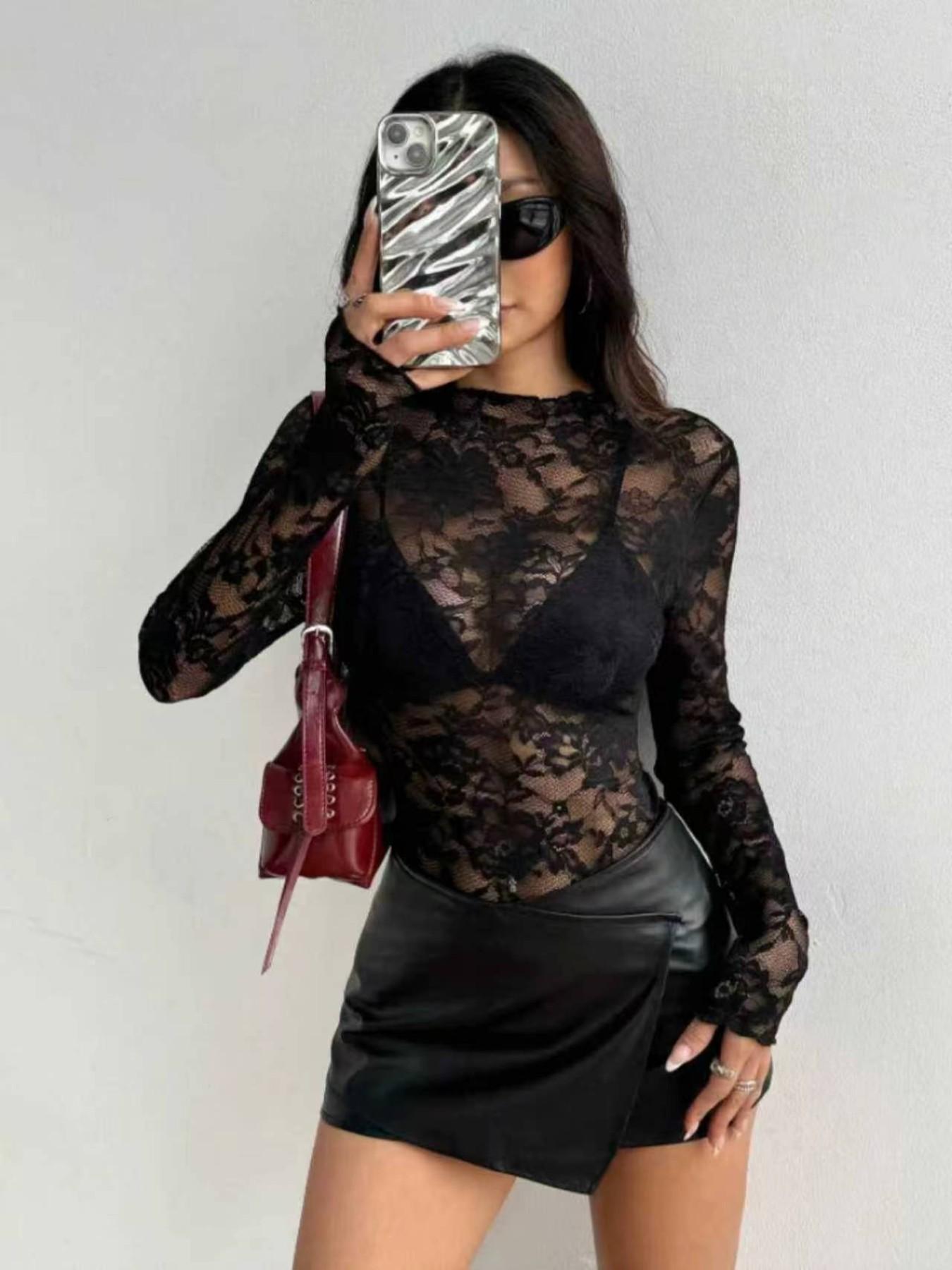 Sexy Lace Cami Top for Women, Sheer Simple Color Style, Slim Fit Fashion Innerwear, Short Sleeve Long Sleeve Shirt, Trendy Ladies' Clothing