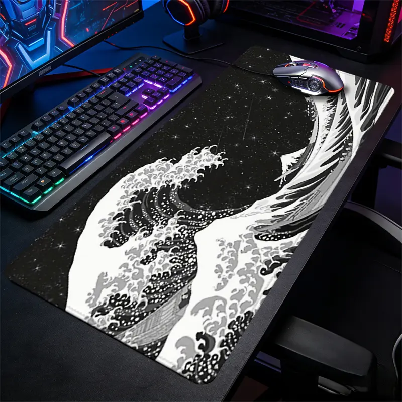 Black And White Wave Large-Sized Gaming Mouse Pad, Japanese Ukiyo‑e Art Desktop Protection Pad, Desk Accessory, Anti-Slip Rubber Lock Edge High-Definition Printing, Suitable For Computers, Offices, Homes, Gift For Family And Friends
