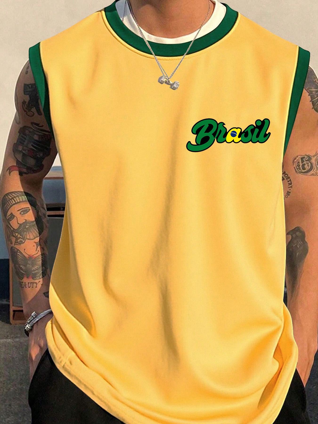 Men's Brazil Flag Print Tank Top, Vest Top, Regular Fit Casual Comfy Sleeveless Top for Summer, Men's Clothes for Daily Wear, Socks