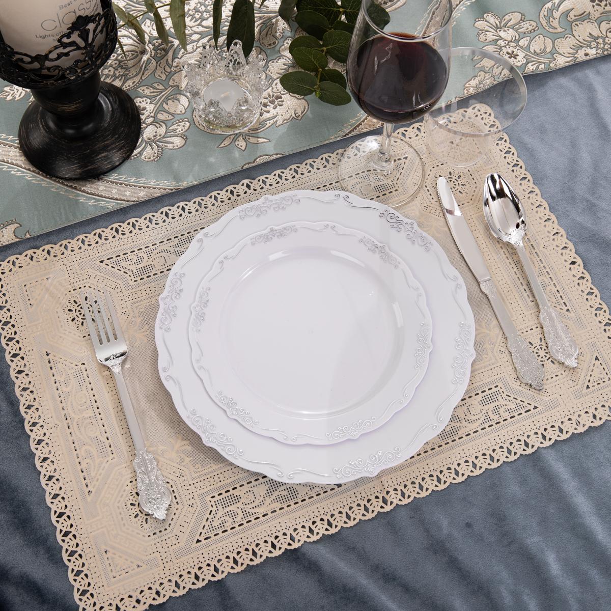 White Gold/Clear Gold/White Silver/Black Gold Plates ware Set: Dinner Plates,Dessert Plates, Cups,Napkins,Knife, forks, spoons-Perfect for Party