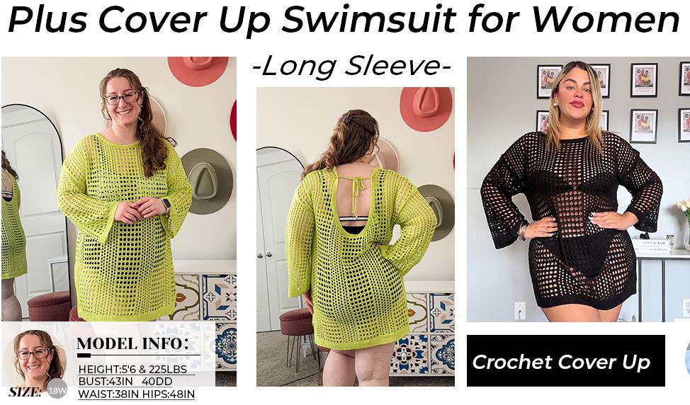 Aqua Eve Women's Plus Size Swimsuit Cover Up - Crochet Bathing Suit Coverups Long Sleeve Swimwear Beach Dress Aqua Eve Women's Plus Size Swimsuit Cover Up - Crochet Bathing Suit Coverups Long Sleeve Swimwear Beach Dress