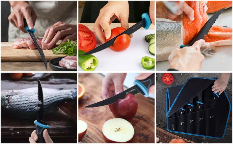 #JumpstartSale FLISSA Fillet Knife Set, Boning Knife & Bait Knives with Sharpener, Protective Sheath, Belt Clip, Non-Slip Handle, Portable Pouch & Corrosion Resistant Coating Blade, for Fresh or Saltwater (4-Pack)