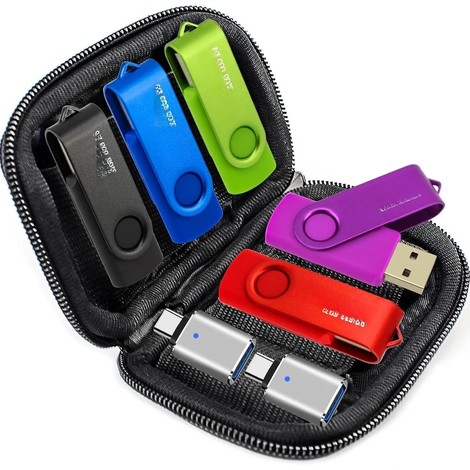 5 Pack 8GB USB Flash Drive and 2 Pack USB C Adapters in a Case, Thumb Drives Memory Stick Storage and Backup for  Phones with Type C Port, Laptops, PC(5 Colors)