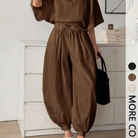 2 Piece Outfit Women Round Neck Batwing Short Sleeve Loose Top Matching Elastic Adjustable Drawstring Waist Cuffed Harem Pants Wrinkle Casual Summer Two Piece Set For Ladies Daily Vacation Going Out Wear No Necklace