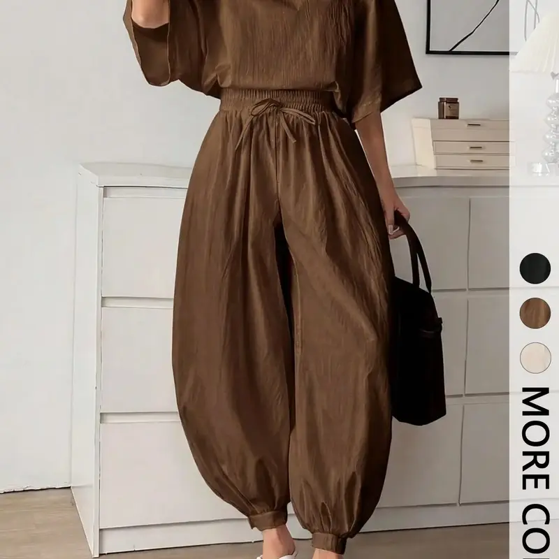2 Piece Outfit Women Round Neck Batwing Short Sleeve Loose Top Matching Elastic Adjustable Drawstring Waist Cuffed Harem Pants Wrinkle Casual Summer Two Piece Set For Ladies Daily Vacation Going Out Wear No Necklace