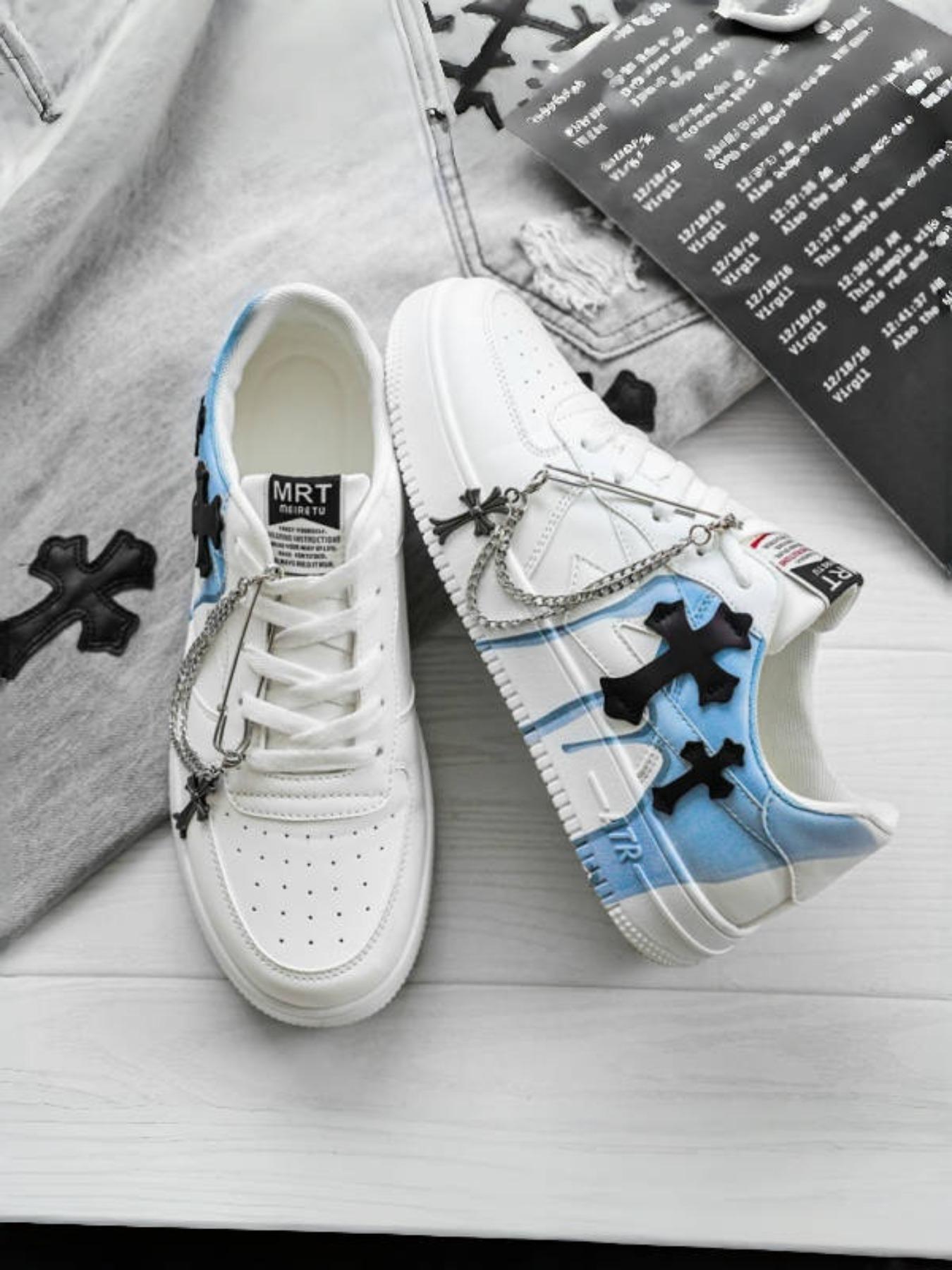 Men's Cross Decoration Low Top Trendy Sneakers Sports Shoes - Durable Upper+Rubber Outsole+Size 39-44 Men's Range Suitable for Daily Wear+Streetwear, Chain Detail Unique Design & Fashionable Eye-Catching