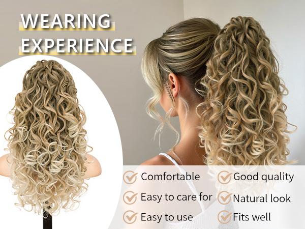 ORSUNCER HAIR Ponytail Extension 18 Inch Claw Clip ponytail extension Ombre Brown Soft Curly Clip on Ponytails for Women Natural Synthetic Layered Pony Tails Hair Extensions Easy To Go