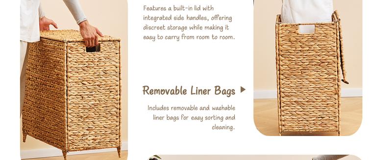 Handwoven Laundry Hamper with Lid, Natural Water Hyacinth Heightened Feet Laundry Basket, Wicker Clothes Hamper with Removable Liner Bag, Clothes storage, Handmade Laundry (229)