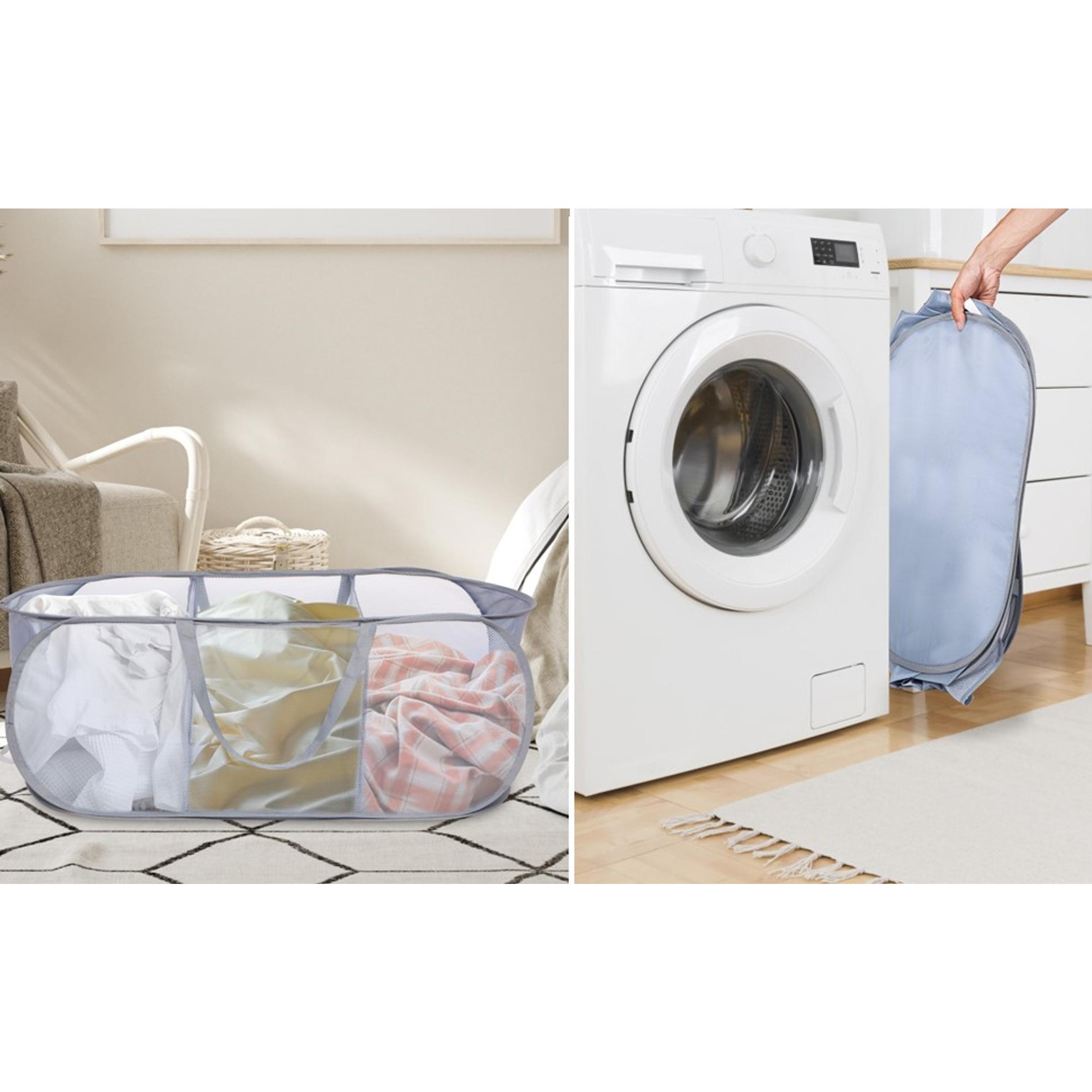 Collapsible Foldable Pop Up Laundry Hamper with 3 Compartments, Handy Pocket, Sturdy Clothes Sorter for Dorm, Kids Room, Travel - GreyGift