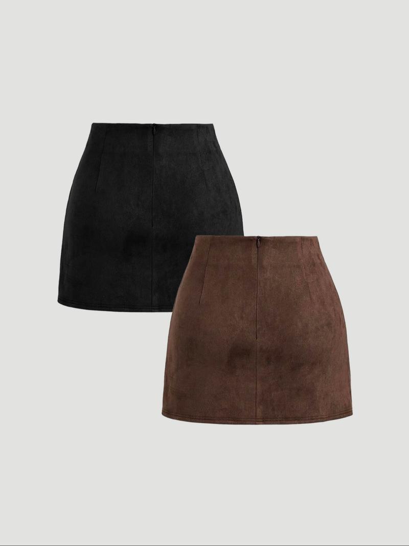 Women's Vintage Fall Winter Faux Suede Merlot Pleated Bodycon Short Skirt Set, Casual Fashion Biker Style