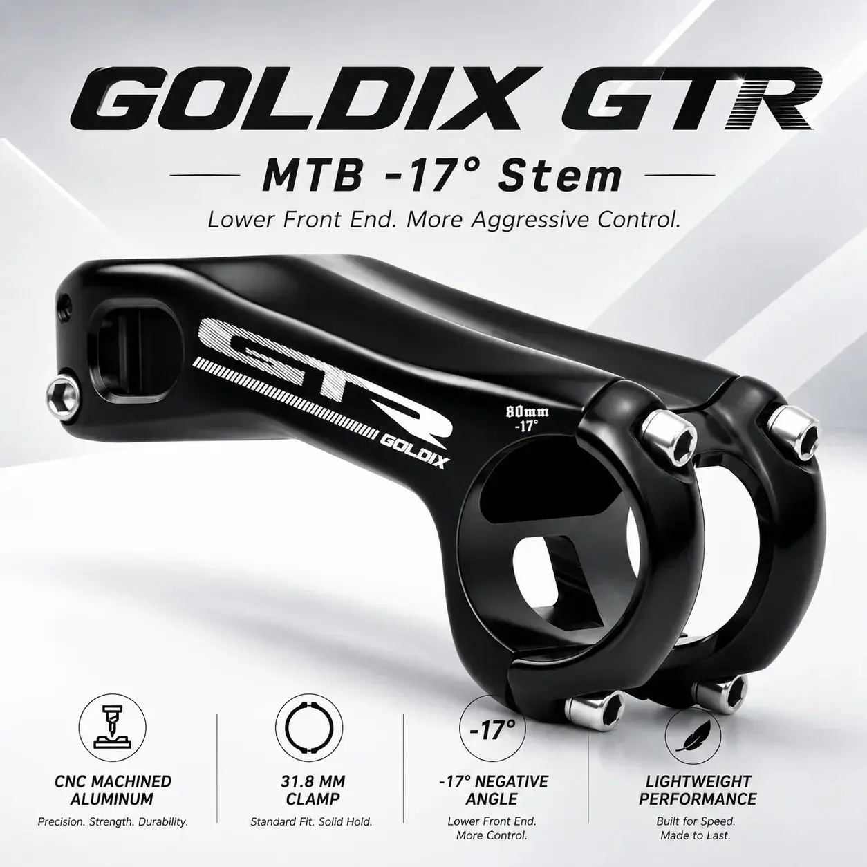 Goldix Gtr Lightweight Cnc Aluminum Bike Stem, 17 Degrees Negative Angle, 70/80/90/100mm, 31.8mm Diameter, Suitable for Mountain Bikes, Road Bikes, Bmx, Xc Bikes