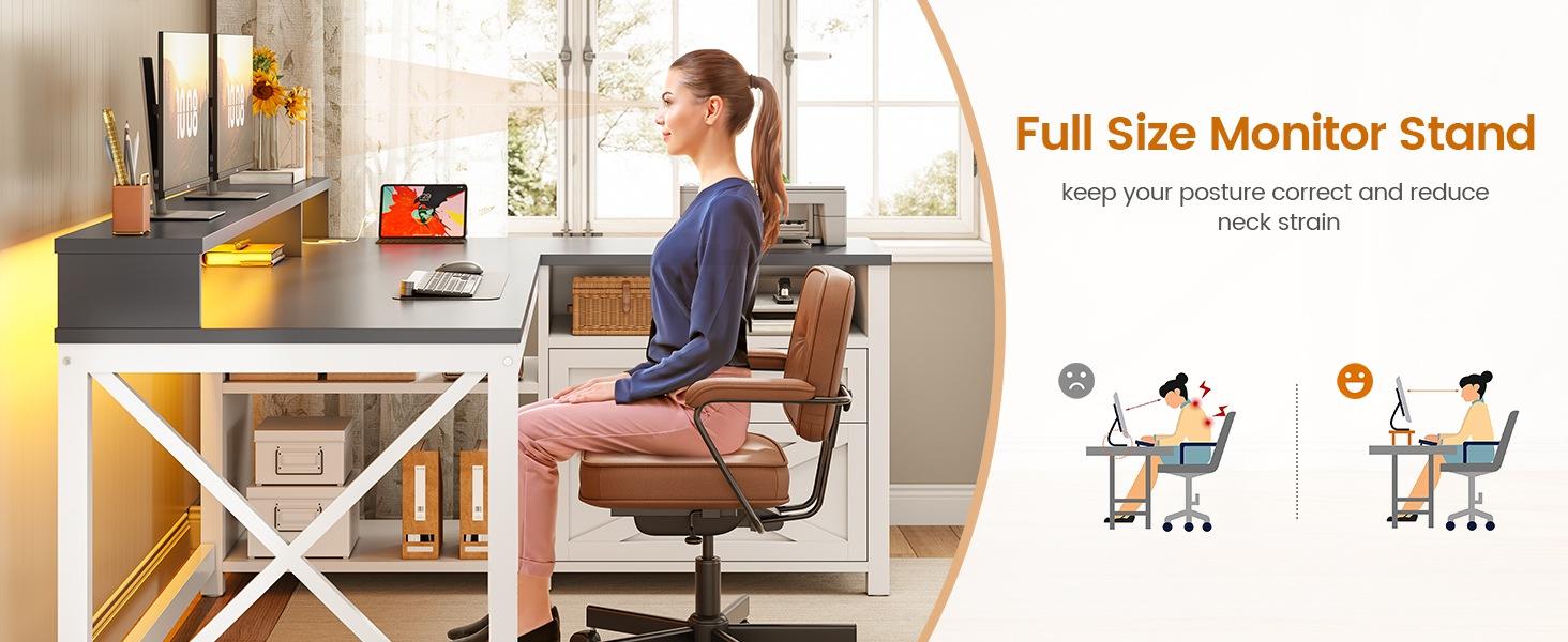 SEDETA L Shaped Gaming Desk, 55" Corner Computer Desk with Drawers, Home Office Desk with Printer Storage Shelves, Monitor Stand and LED Lights Study Organizing