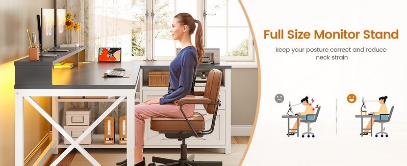 SEDETA L Shaped Gaming Desk, 55" Corner Computer Desk with Drawers, Home Office Desk with Printer Storage Shelves, Monitor Stand and LED Lights Study Organizing