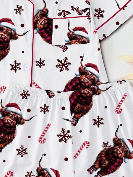 【Christmas Pajamas】Cute Highland Cow Animal Print Short Sleeve Pajama Set, Comfortable Sleepwear for All Seasons, Christmas Gift