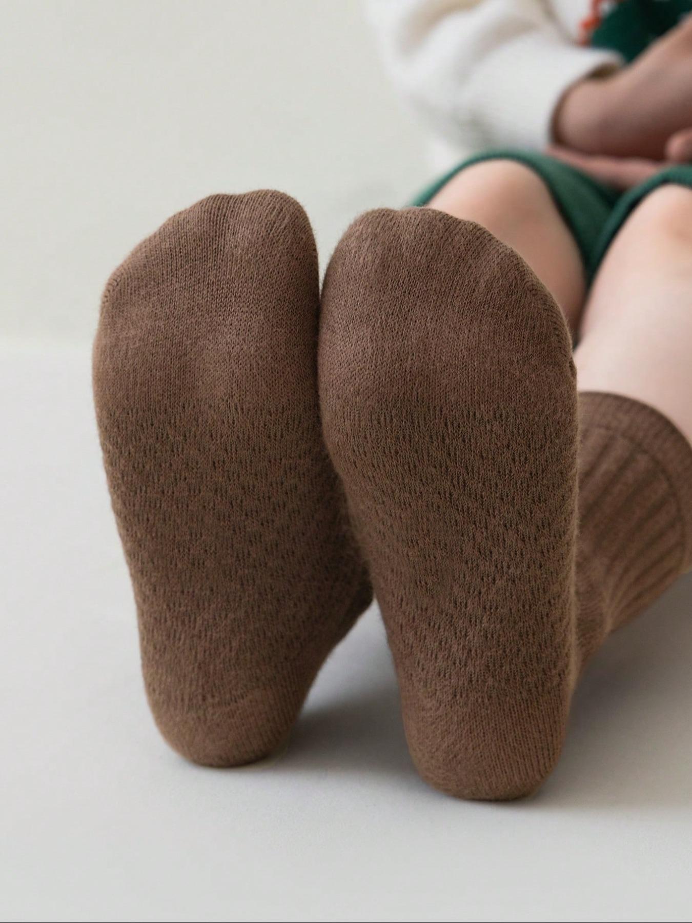 5 Pairs Kids Mid-Calf Socks, Boys Girls Infants, Solid Striped, Massage Pineapple Sole, All Seasons, Thin, Daily Wear