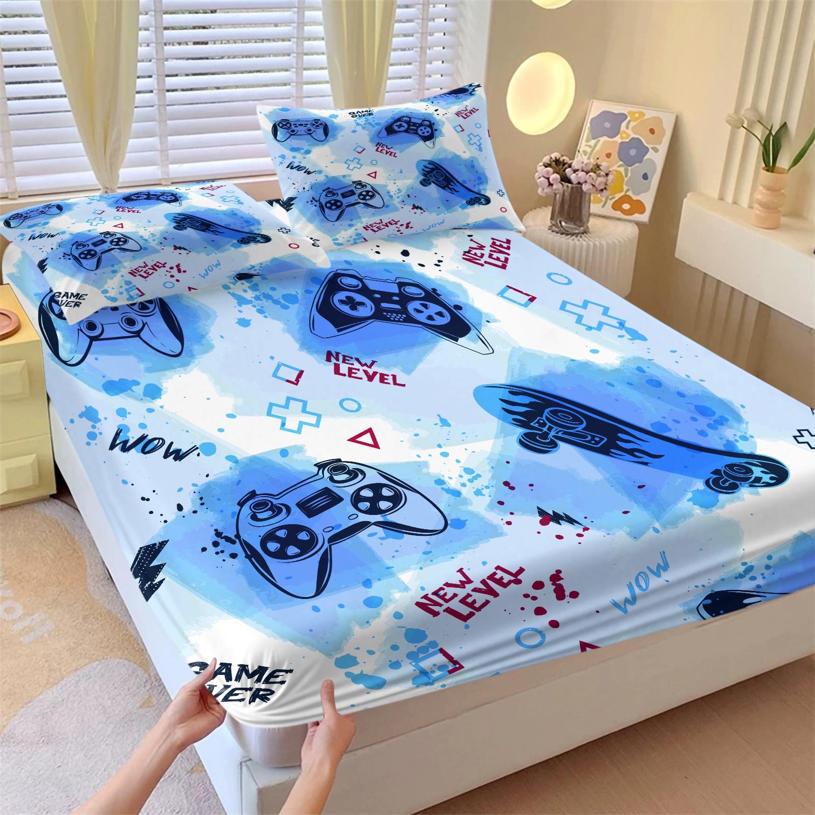 3 Piece Gamer Fitted Sheet Set, 1 Fitted Sheet + 2 Pillowcases, Cool Game Controller Bedding for Boys Teens Gamers, Gaming Room Decor for Kids Bedroom Dorm, Ideal Gift for Video Game Lovers