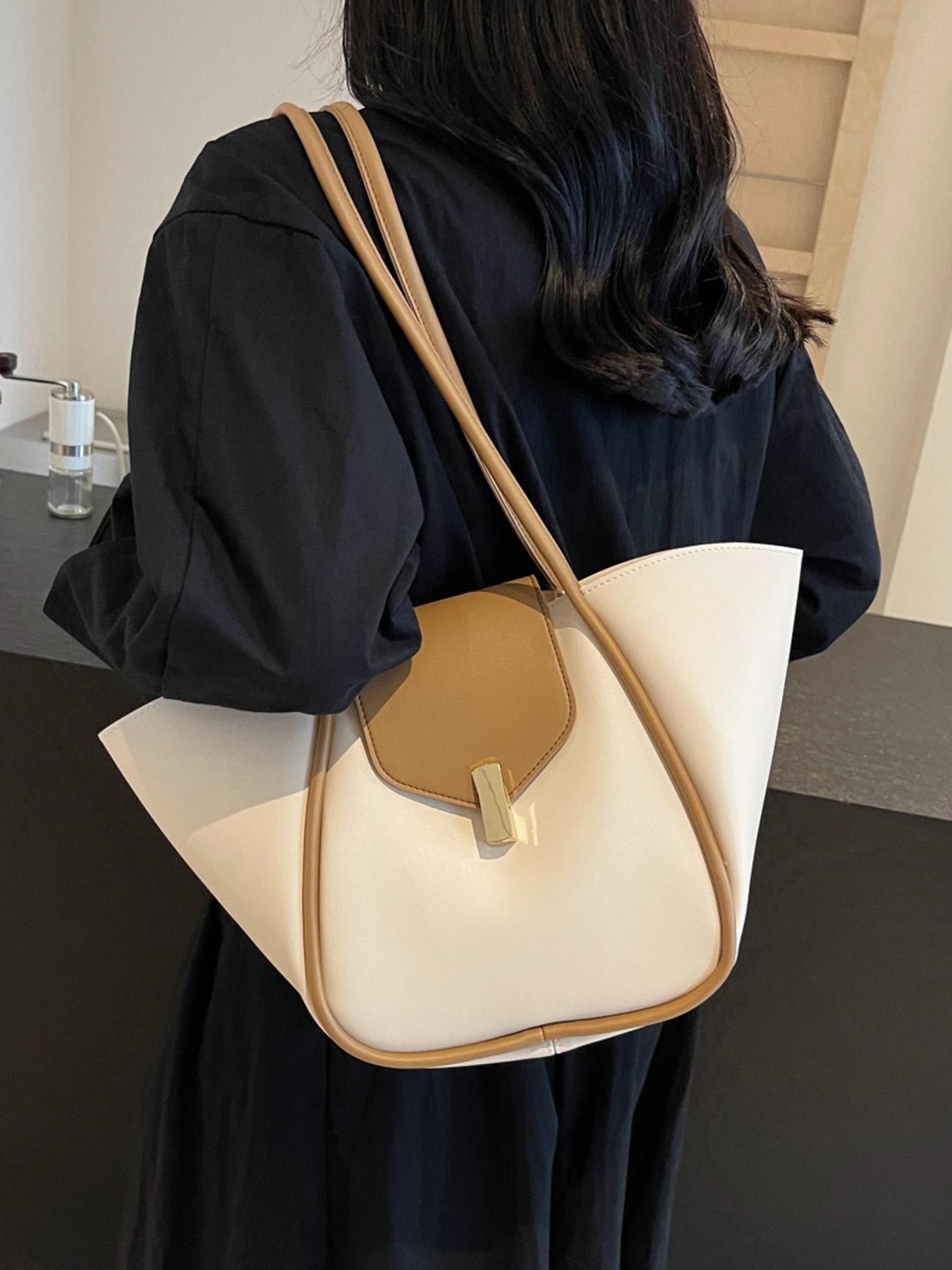 A niche and elegant shopping basket tote bag, a lock-button underarm bag, a simple solid color shoulder bag, a fashionable and textured shoulder commuter bag, a Casual Commuter Bag, suitable for daily matching, commuting and other scenarios