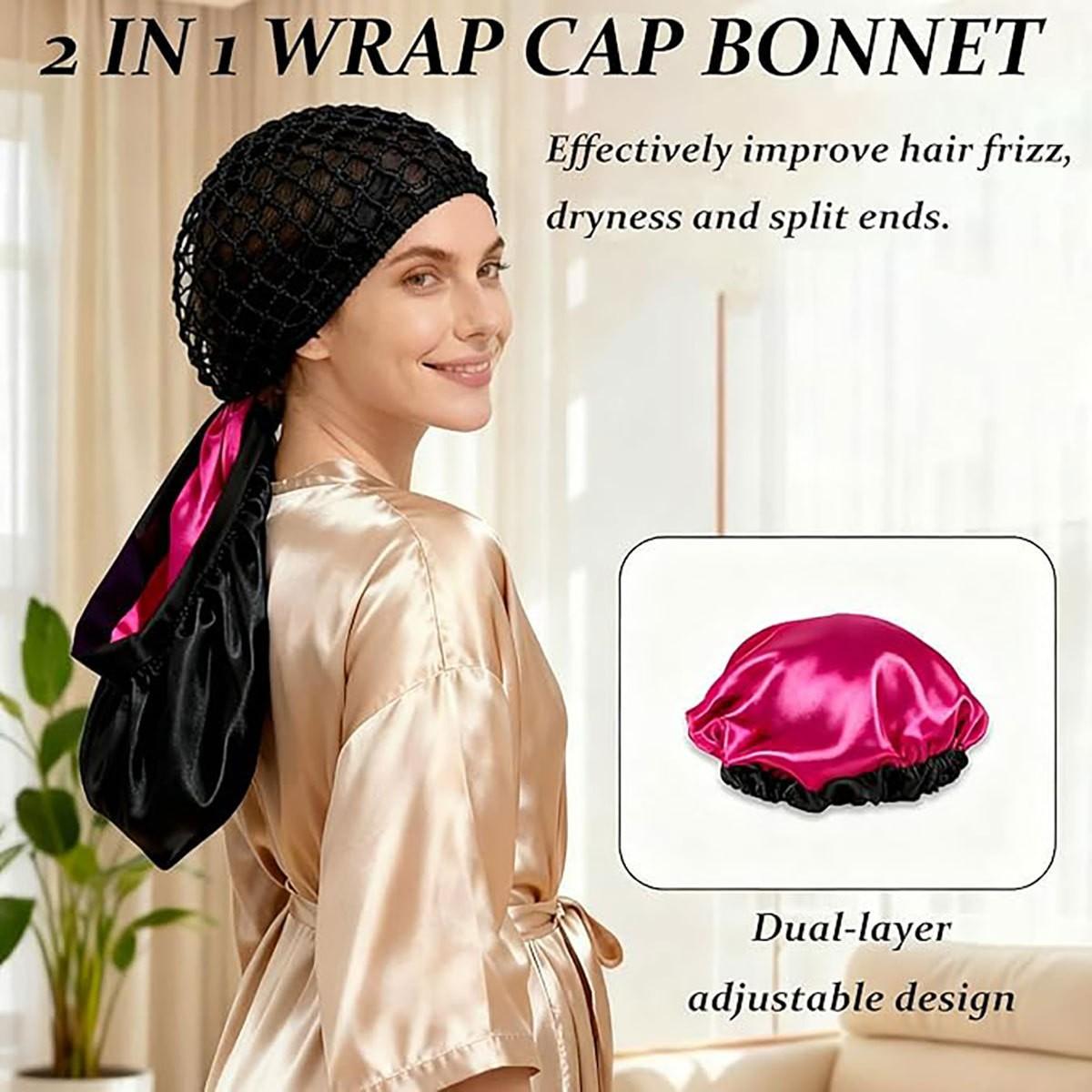 2-In-1 Satin Bonnet with Hairnet, Adjustable Wrap Cap for Curly/long Hair, Reversible Shower Cap, Reduces Frizz & Split Ends, Travel Friendly