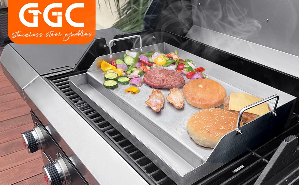 GGC Stainless Griddle for Gas Grills, Flat Top Griddle for Gas Stoves, Camping Stoves, 18" x 12.5" Nonstick Cooking Griddles for Charcoal, Tailgating, Parties
