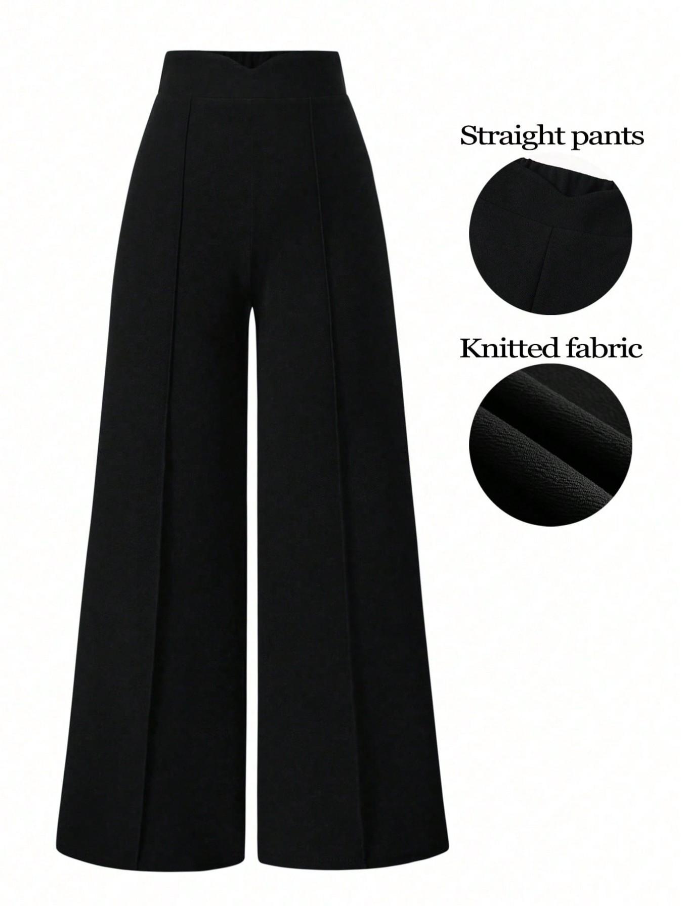 High-Waisted Flowy Wide-Leg Suit Pants, Lightweight Office Style, Elastic Waist Back, Slimming Mid-Split, Plus Size Women's Casual Business Wear