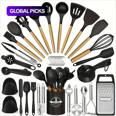 45-Piece Silicone Kitchen Utensil Set with Heat-Resistant Wooden Handles, Non-Stick Coating, Multi-Functional Spoons & Spatulas, Easy-to-Clean Cooking Tools, Cooking Utensils #GLOBAL PICKS