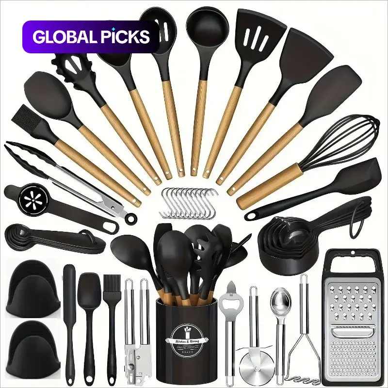 45-Piece Silicone Kitchen Utensil Set with Heat-Resistant Wooden Handles, Non-Stick Coating, Multi-Functional Spoons & Spatulas, Easy-to-Clean Cooking Tools, Cooking Utensils #GLOBAL PICKS