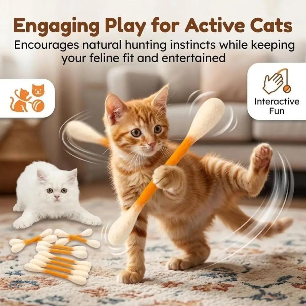 【Summervibes】6 Pack Giant Q-tip Shaped Cat Toys, Soft Felt Cotton Swab Teething Sticks, Durable Interactive Indoor Kitten Chew Toys, Anxiety Relief Boredom Relief Pet Accessories, Dental Cleaning Play Gifts for Daily Cat Entertainment
