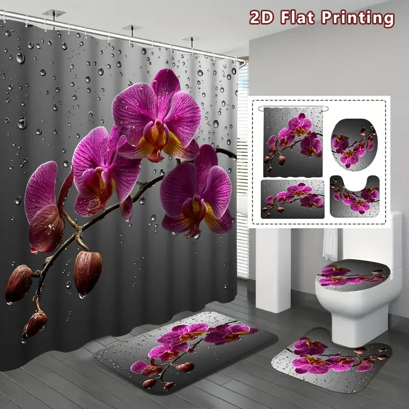 Four-piece pink orchid shower curtain set, gray powder flower decoration bathroom decoration, including bath mat, U-shaped pad, toilet cover cover and 12 hooks, exotic flowers, home decoration, bathroom accessories
