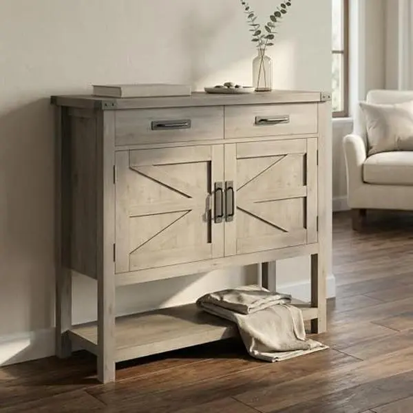 GARVEE Console Table with Storage, Farmhouse Entryway Table with 2 Doors & 2 Drawers, Coffee Bar Cabinet for Kitchen, Dining Room, Living Room, Entryway, Hallway(Gray)