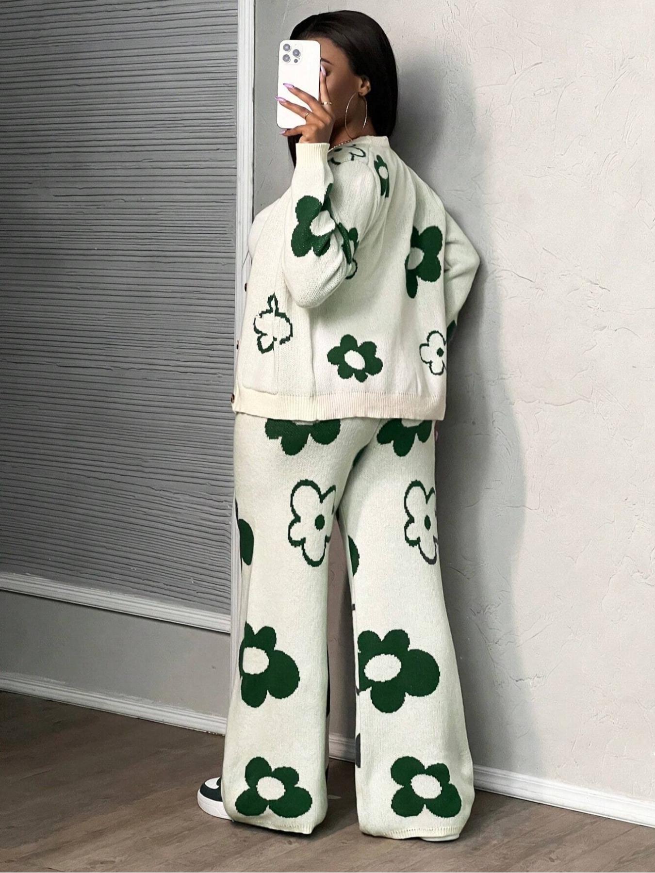 Plus Size Floral V Neck Cardigan Set, Fall & Winter Jacquard Sweater and Knit Pants Two-Piece, Casual Loose-Fitting Style