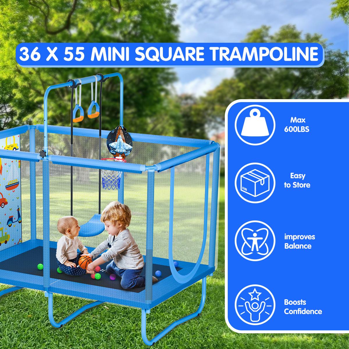 【AUTHENTIC】SkyBound Mini Square Trampoline for Kids with Basketball Hoop, 36"*55'' Indoor Outdoor Toddler Trampoline with Enclosure Net, Swing, Colorful Ocean Balls, Birthday Gift for Boys Girls,basketball