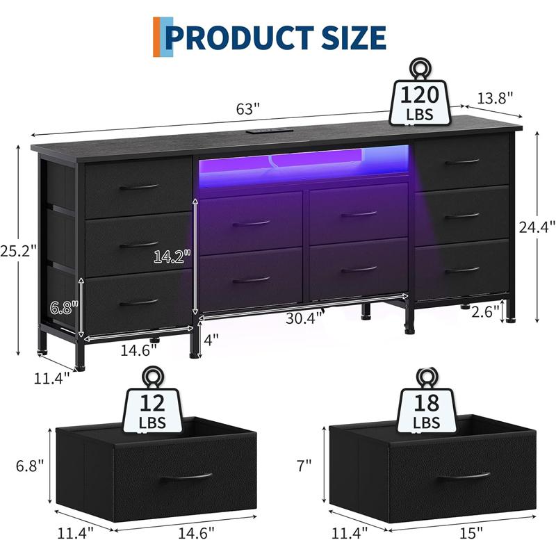 TV Stand for 65, 70, 75 Inch TV, 10 Drawer Long Dresser , 63 Inch Entertainment Center TV Stand Dresser Storage Drawers