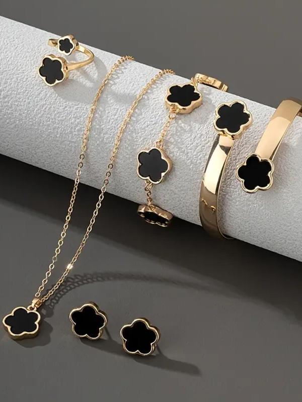 Lucky Flower Design Jewelry Set, Fashion Necklace & Ring & Bracelet & Earrings, Casual Jewelry Set for Women, Trendy All-match &Exquisite Jewelry Set for Gift
