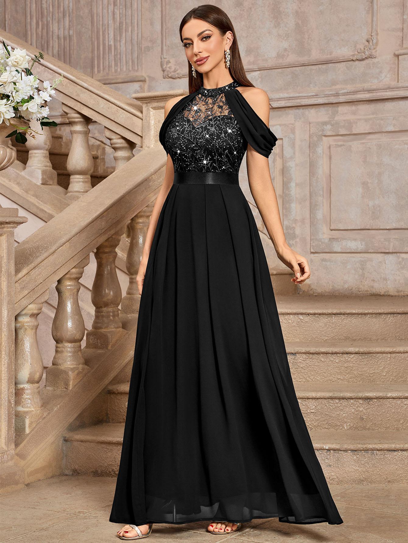 MIUSOL 24413A Women's Elegant Halter Sequin Embroidered Lace Off Shoulder Chiffon Sleeve Formal Evening Party Maxi Dress for Cocktail and Prom Events