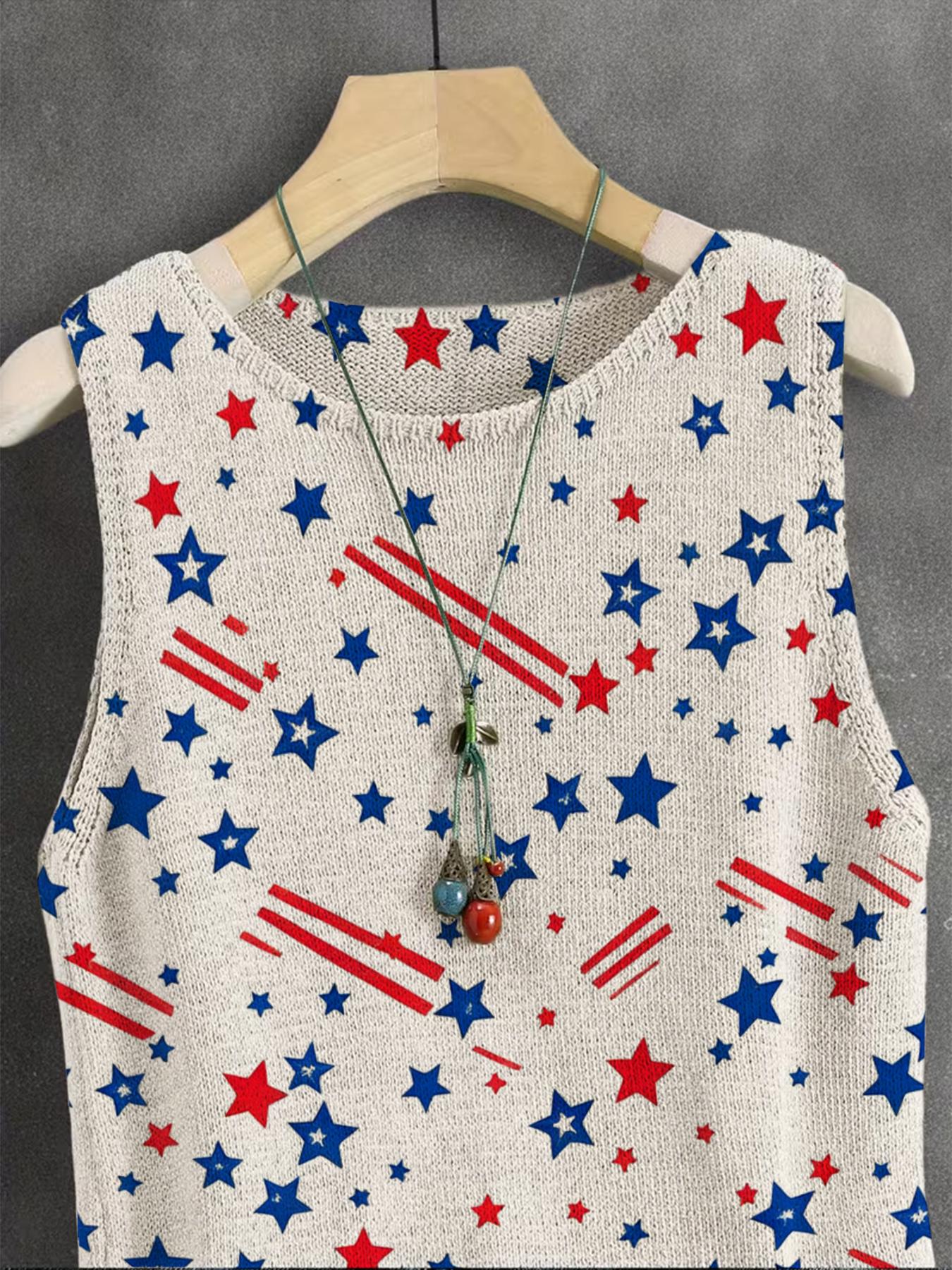 Women's Independence Day Geometric Star Print Round Neck Sweater Vest, Casual Sleeveless Knit Top, Comfortable Breathable Clothing