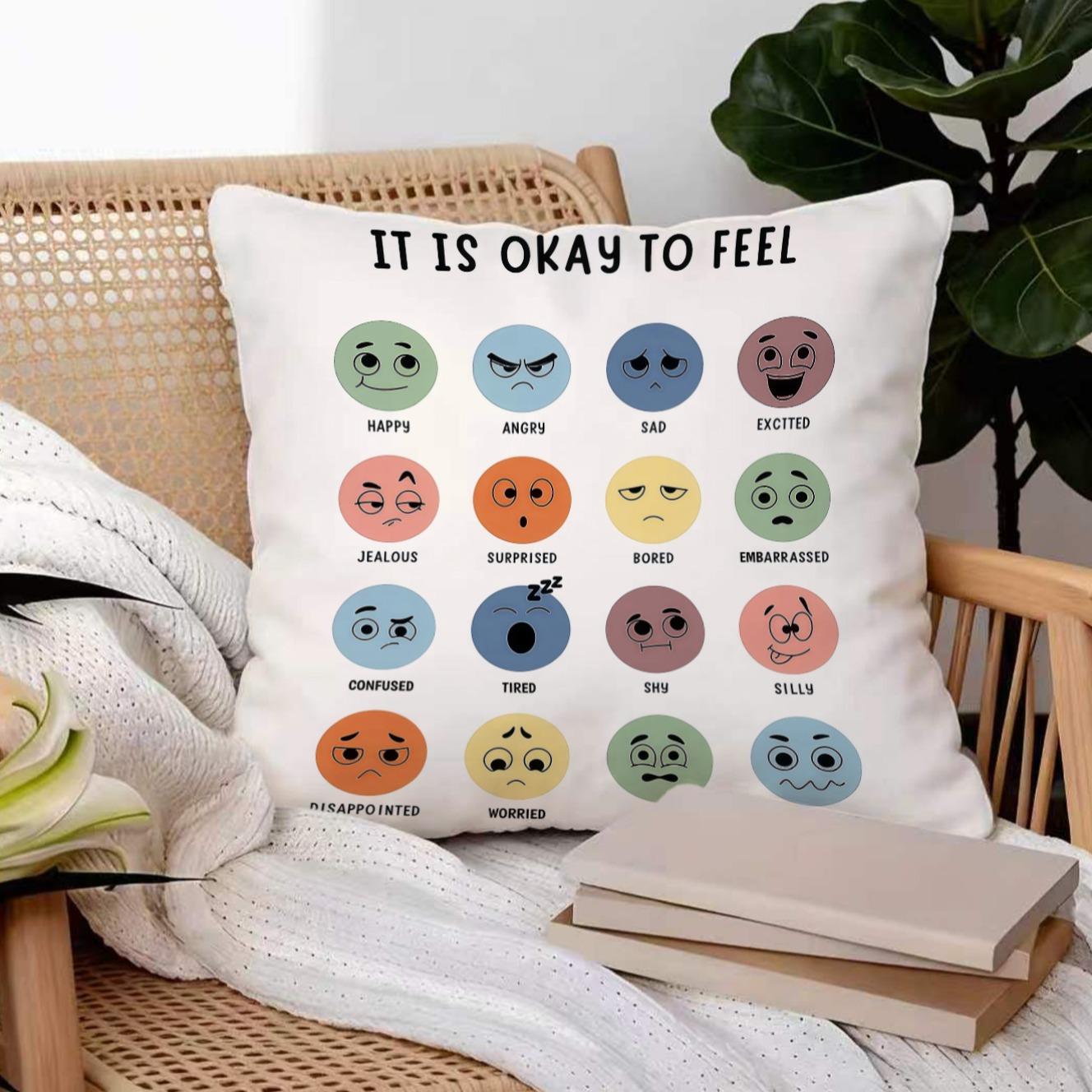 18 Inch It Is Okay to Feel Emotion Pillow Cover, Mental Health Awareness Emoji Throw Pillowcase, Dual Color Soft Cushion Cover for Sofa Couch Bedroom, Ideal Gift for Anxiety Relief & Self Care