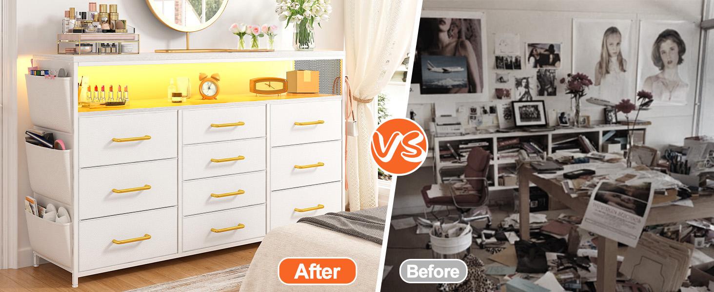 Raybee Furniture Dresser TV Stand with 10 Drawers, LED Lights & Power Outlets Wide Dresser for Bedroom with Shelves & Side Pockets Sturdy Metal Frame & Wood Top Raybee Furniture Dresser TV Stand with 10 Drawers, LED Lights & Power Outlets Wide Dresser for Bedroom with Shelves & Side Pockets Sturdy Metal Frame & Wood Top