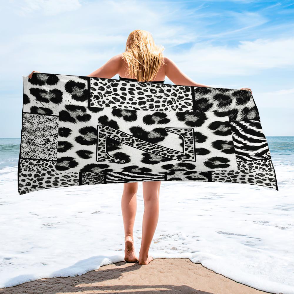 Leopard Print Letter Beach Towel, Black White Animal Patchwork Beach Blanket, Quick Dry Sand Free Bath Towel for Swimming Pool Camping, Monogram Initial Decor for Kids Teens Adults
