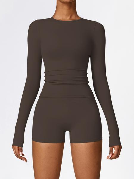 Women's Sporty Long Sleeve Top & Shorts Set, High Waist Tight-Fit Above Knee Activewear, Sweat-Wicking Quick-Dry Fabric for All Seasons, Solid Sports Sets