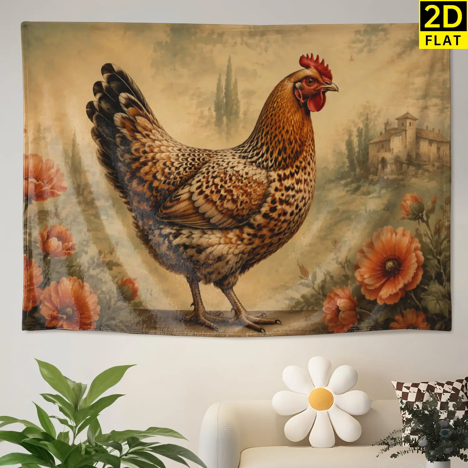 Vintage Farmhouse Rooster Floral Tapestry - Large-Size Printed Horizontal Polyester Wall Hanging, Multi-Size Colorfast Home Decor Artwork, No-Installation Room Decor for Living Room, Gift for Loved Ones, Indoor/Outdoor