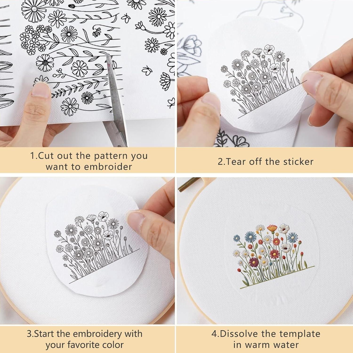 4 Sheets Preprinted Flower Embroidery Pattern Paper,Self-Adhesive Water Soluble Stabilizer Kit with Floral, Botanical & Alphabet Designs, Complete with Embroidery Floss & Needles for DIY Handmade Craft Supplies