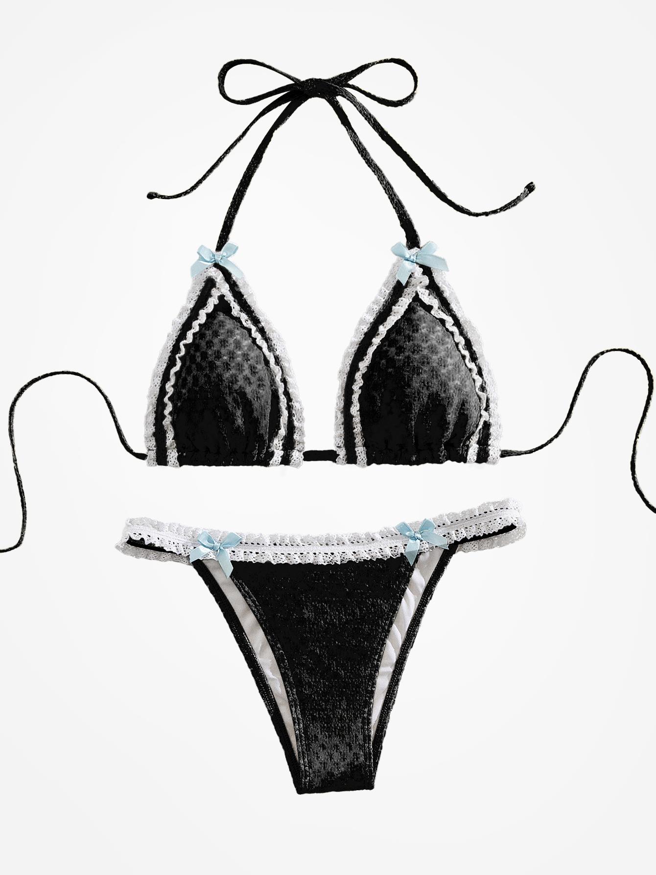 Two-Piece Set Women's Contrast Lace Bow Decor Bikini Set, Casual Tie Back Swim Bra & Swim Bottoms, Ladies Swimsuit for Beach Vacations, Summer Halter Bathing Suit