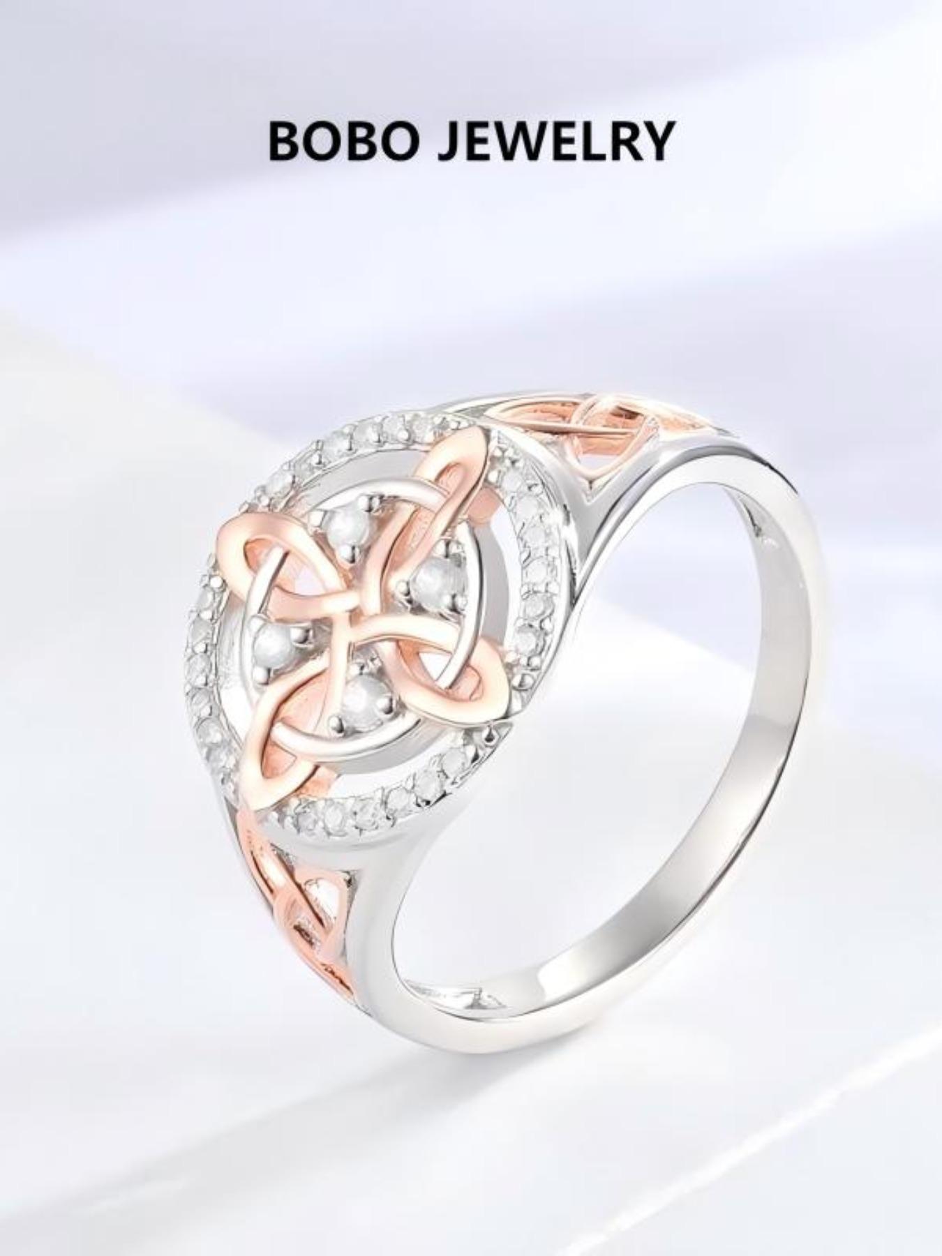 Women's Silver Color Rose Gold Witch Knot Ring, Celtic Knot Design, Embedded Cubic Zirconia Stone, Elegant Jewelry Accessory