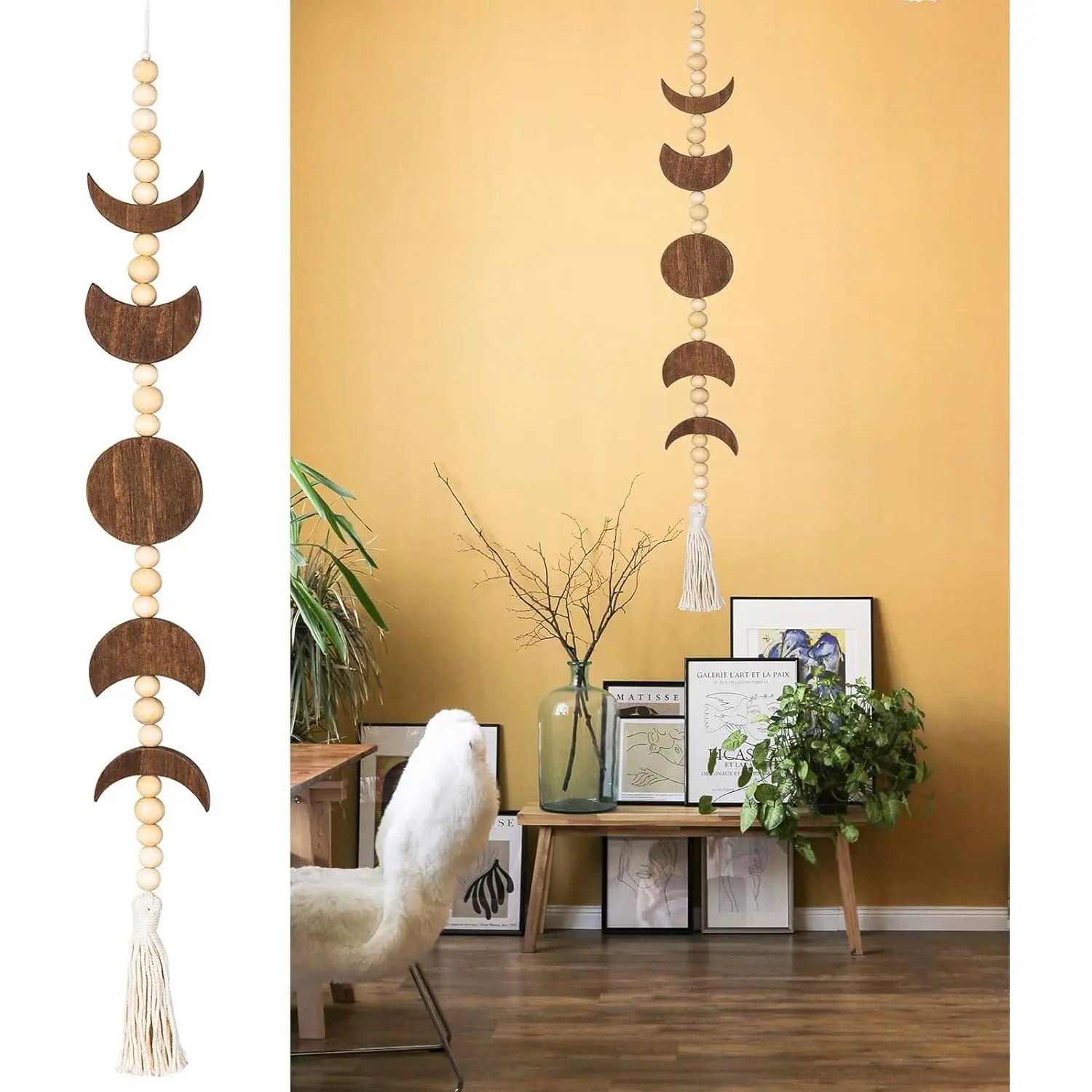 Wall Hanging Wood Beaded with Tassel Boho Home Decor for Living Room Bedroom Office (Brown)