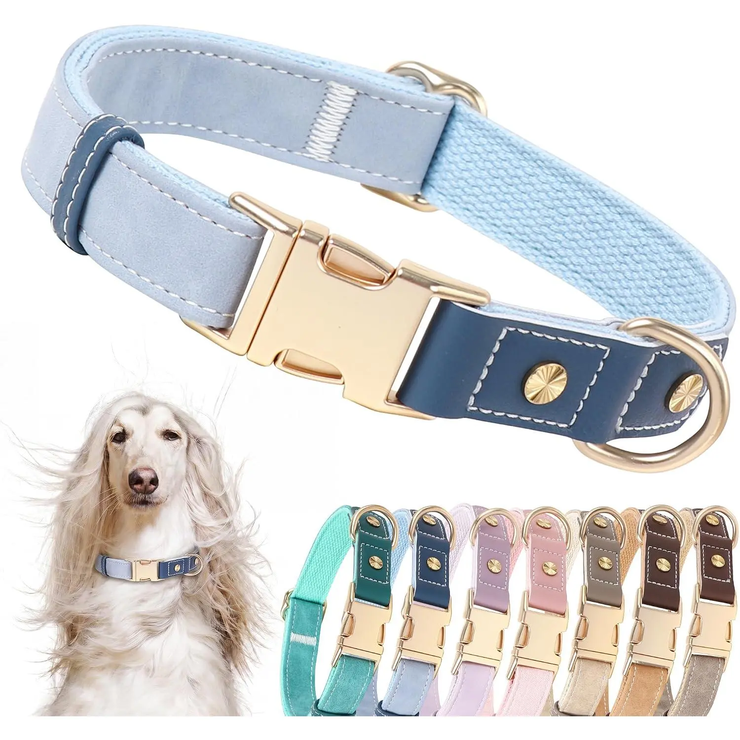 PU Leather Small Dog Collar - Classic Adjustable Size Design, Quick-Release Metal Buckle, Easy-Clean Nylon-Lined Comfortable Blue Pet Collar, Size S