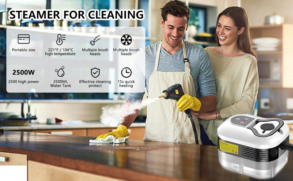 2500W Portable Steam Cleaner, suitable for both home and car use. Suitable for cleaning in kitchens, bathrooms, floors, and car interiors. Multiple steam modes, 15-second quick heating, capable of achieving a 250-foot depth of cleaning