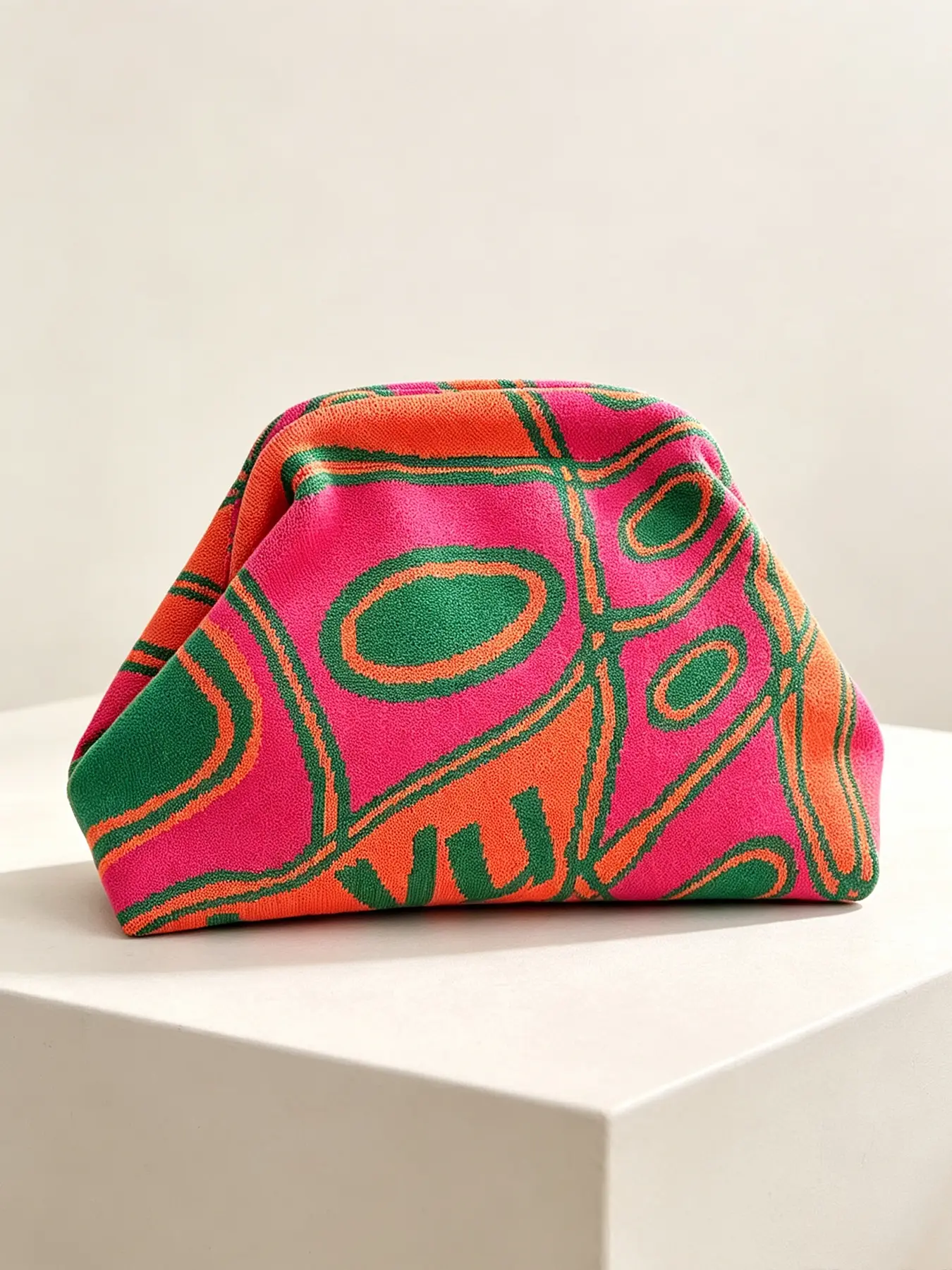 1Pc Abstract Geometric Jacquard Knit Summer Clutch Pouch Soft Fold‑Over Frame Handbag, Fashion Pattern Evening Cosmetic Storage Bag For Party and Short Travel