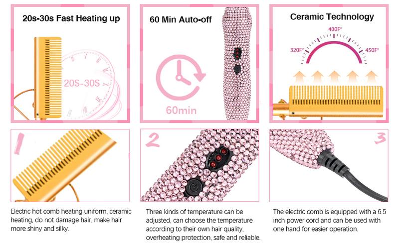 Diamond Electric Hair Straightening and Curling Comb 450°F Heat Pressing Comb Anti-Scald Case for Natural Hair and Wigs Thermal Brush Straightener